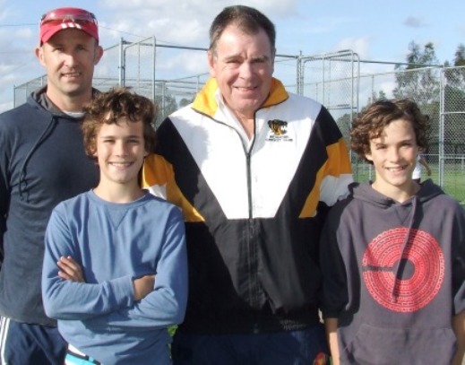 *Special tips from a special cricketer: L-R Matt Hogg with sons Archie and Charlie, with former Test bowler Jim Higgs. *Special tips from a special cricketer: L-R Matt Hogg with sons Archie and Charlie, with former Test bowler Jim Higgs.